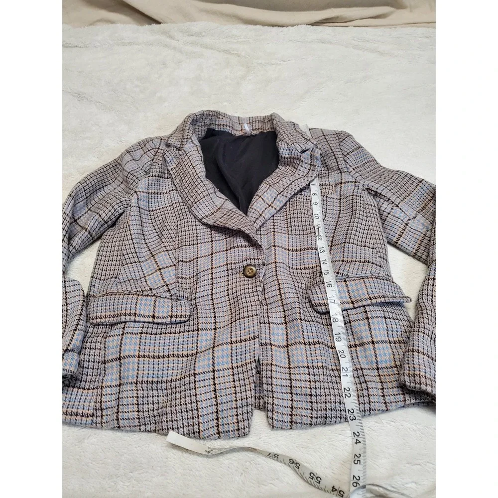 Free People Blue Gray Plaid Classic Cropped Jacket Blazer Medium Office Academia